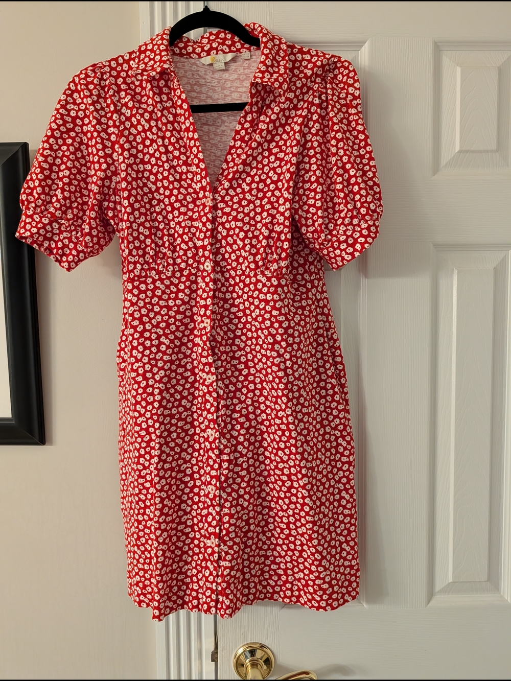 Boden Red Floral Midi Dress with Puff Sleeves